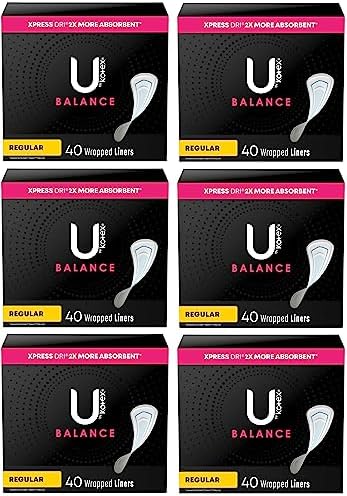 U by Kotex Balance (Previously Lightdays Plus) Wrapped Panty Liners, Regular Length, Unscented, 40 Count - 6 Pack (Includes 240 Liners Total)