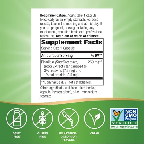 Nature's Way Rhodiola - 250mg per Serving - Rhodiola Capsules for Cognitive Performance & Energy Support* - Adaptogenic Herb* - Non-GMO Project