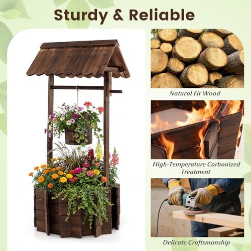 Giantex Wooden Wishing Well Planter with Hanging Bucket, Carbonized Fir Wood Outdoor Garden Planter for Flowers