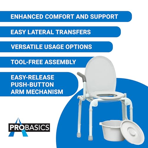 ProBasics Drop Arm Adjustable Bedside Folding Commode Chair Portable with Handles, for Elderly, Seniors, and Disabled People, Supports 300lbs