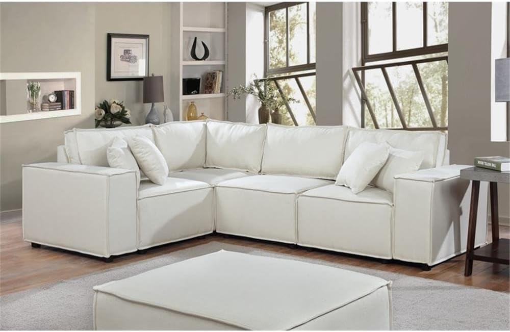 Lilola Home Melrose 99-inch Modular Sectional Sofa with Ottoman, Beige Linen Fabric L-Shaped Corner Couch for Small Spaces