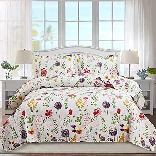 Ycosy Floral Quilt Set Full/Queen Size Reversible Flower Bedspread Queen Summer Lightweight Quilt Bedding Purple Floral Quilts Green Leaves Coverlet