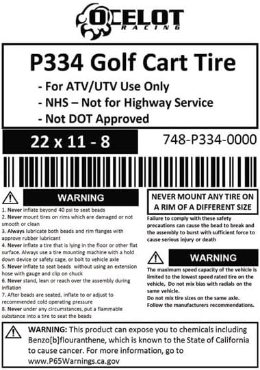 P334 Golf Cart Tire- 22 x 11-8 - All Terrain Golf Cart Tires, Four-Ply Rated Quad Tire, Utility Terrain Vehicle Tire with 15.5 Millimeters Tread Depth