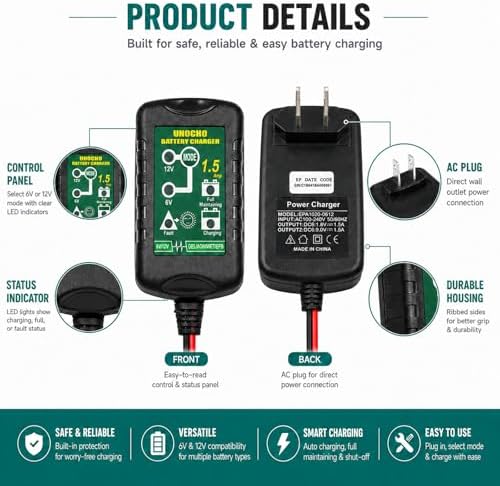 Unocho 6V/12V Battery Charger Maintainer 1.5A Automatic Trickle Charger Smart Float Charger for Car Motorcycle Lawn Mower Boat ATV Snowmobile