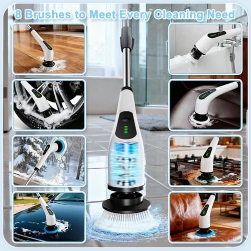 Electric Spin Scrubber, Cordless Cleaning Brush with 8 Replaceable Brush Heads, Shower Scrubber with Adjustable Extension Handle