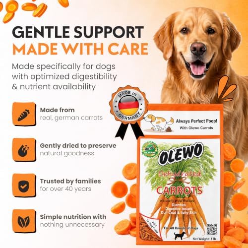 Olewo Carrots Dog Food Topper for Digestive Support & Firm Stools, 1 lb | Real-food digestive support. Whole-food alternative to powders, blends & synthetic supplements. Made in Germany.