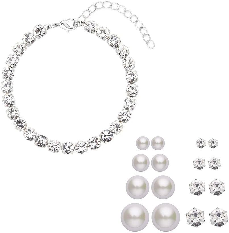 9pcs Set Shell Pearl Crystal Mix Steel Stud Earrings Bracelet Set