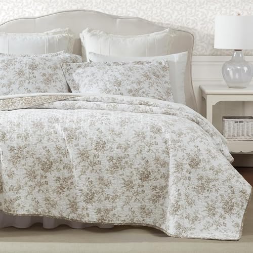 Laura Ashley - Queen Quilt Set, Soft Cotton Bedding with Matching Shams, Reversible Floral Toile Design, Floral Room Decor