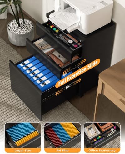 3 Drawer Mobile File Cabinet with Lock, Under Desk Metal Filing Cabinet for Letter/Legal/A4 Size, Fully Assembled Except Casters, Rolling Office Organizer for Home Office, Black