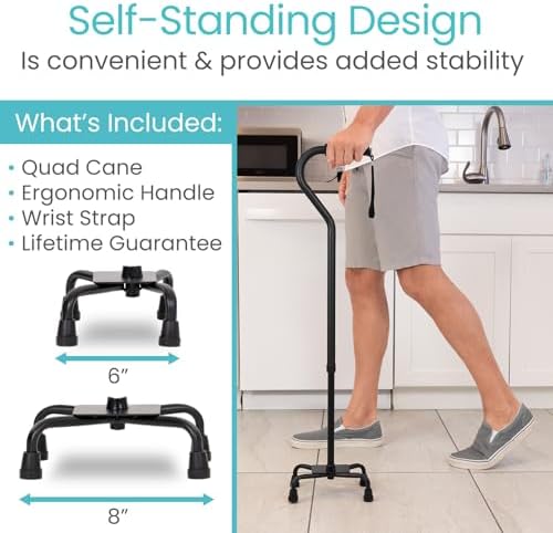 Vive Quad Cane - Walking Stick for Men and Women - Lightweight Adjustable Staff - Comfortable Right and Left Hand Grip for Stability Support - Four Prong Sturdy Aluminum Travel Aid - 4 Tip Blue | Senior 4 Prong Walking Stick for Stability & Balance- Righ…