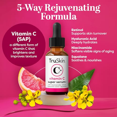 TruSkin Vitamin C Super Serum for Face, 5 Skin Benefits, 1 fl oz | Vitamin C, Retinol, Niacinamide, Hyaluronic Acid and Squalane to brighten, firm, smooth, hydrate, and refine skin