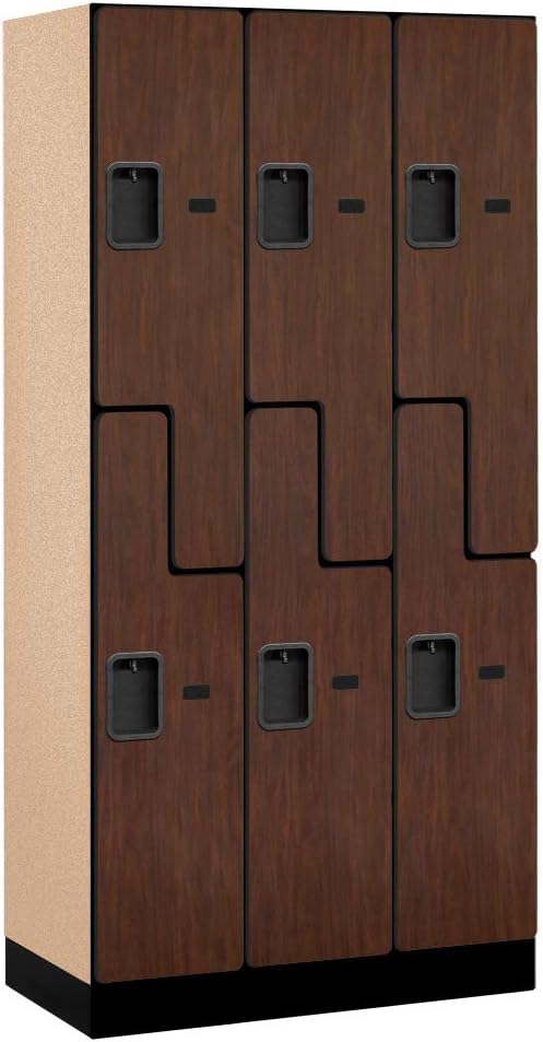 Salsbury Industries 2-Tier S-Style Designer Wood Locker with Three Wide Storage Units, 6-Feet High by 18-Inch Deep, Mahogany