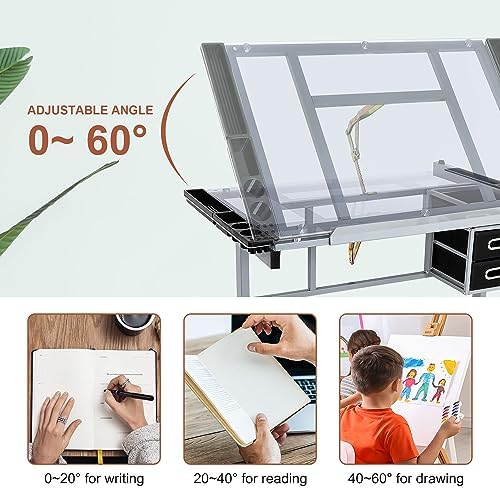 JupiterForce Adjustable Drafting Table Art Desk Drawing Table Versatile Art Craft Work Station Glass Tabletop w/2 Slide Drawers and Wheels for Reading