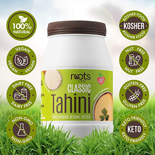 Roots Circle All-Natural Sesame Tahini Paste | 100% Pure Rich & Creamy Ground Sesame Seed Paste for Hummus, Tahini Sauce, Dressing & Dips | Vegan, Kosher | Non-GMO, Gluten & Peanut-Free | 2 Jars 16 Oz