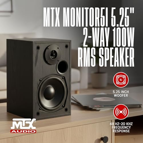 MTX Audio MONITOR5i 5.25 Inch 2-Way Bookshelf Speakers, 200W Polypropylene Wired Home Theater and Music Speaker System with RCA Input, Black