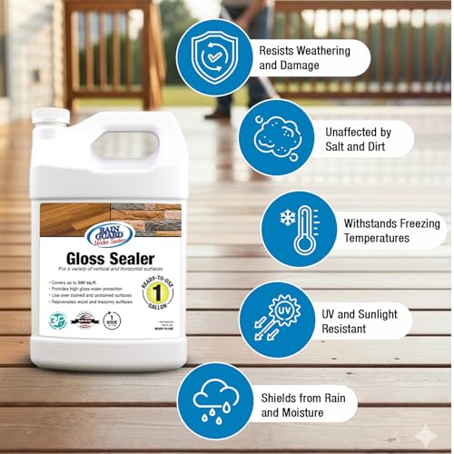 Rainguard Clear Gloss Sealer, Wet Look Water Based Silicone Acrylic Waterproofer for Concrete, Wood, Brick, Stone & Masonry Surfaces, Ready to Use, 1 Gallon | Water Based Silicone Acrylic For Wood, Brick, Stone & Masonry Surfaces, Ready To Use For Pavers…