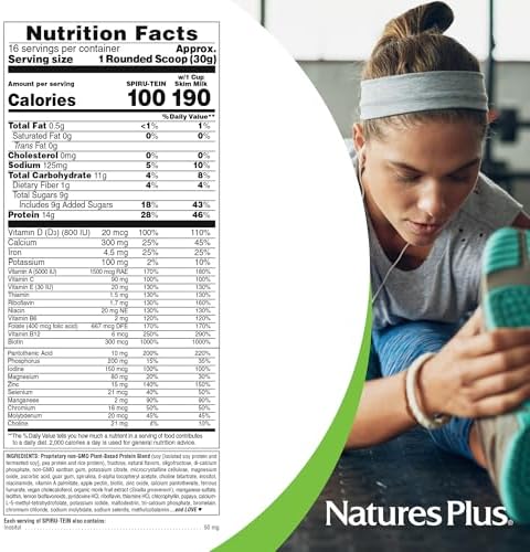 NaturesPlus SPIRU-TEIN, Vanilla - 1.06 lbs - Spirulina Protein Powder - Vitamins & Minerals for Energy - Vegetarian, Gluten Free - 16 Servings