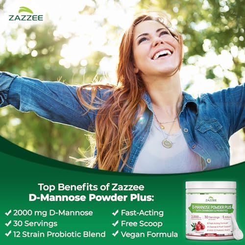 Zazzee D-Mannose Powder Plus, 2000 mg, 67 Servings, Free Scoop, Made in USA | Plus 5 Billion CFU Probiotics and Pure Cranberry Juice Extract, Kosher, 6.67 oz, Urinary Tract & Bladder Support, Non-GMO