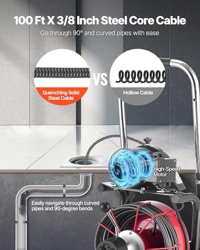 VEVOR Drain Cleaner Machine 75 FT x 3/8 Inch, Sewer Snake Auger Manual Feed with 4 Cutters & Air-activated Foot Switch for 2" to 4" Pipes