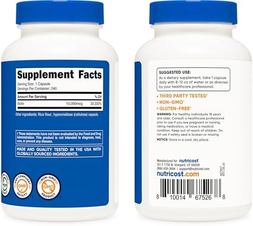 Nutricost Biotin (Vitamin B7) 10,000mcg (10mg), 240 Capsules, Quick Release | Vegetarian, Gluten Free, GMO-Free