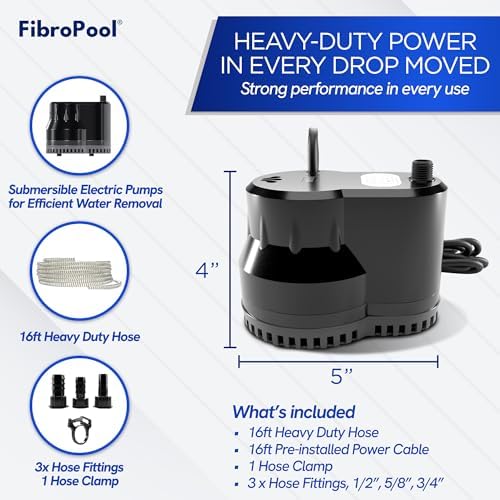 Pool Cover Pump - 75W 10 GPM 120V - 16 ft Hose - ABS Plastic | Submersible Design, Flat Base For Shallow Water, Manual Shut Off, 16 ft Power Cord