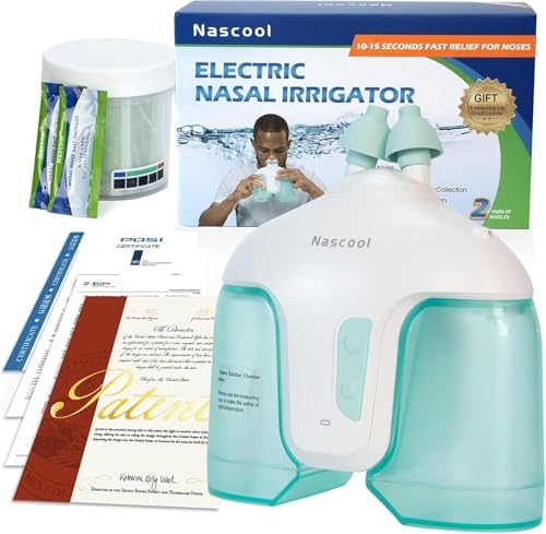Nascool Electric Nasal Irrigation System Sinus Rinse Nose Cleaner for Adult | Comes with 50 saline packets, 2 Pairs of Nozzles