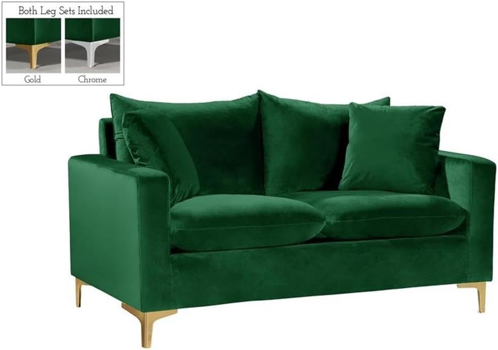 Meridian Furniture Naomi Collection Modern | Contemporary Grey Velvet Upholstered Loveseat with Stainless Steel Base in a Rich Gold or Chrome Finish, 633Grey-L