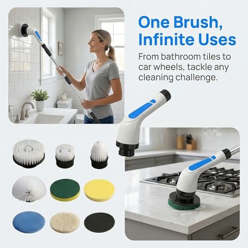 Electric Spin Scrubber - Ditch the Scrubbing! Long Handle Shower Scrubber with 9 Replaceable Heads & 2 Speed Cordless Brush in Modern White!