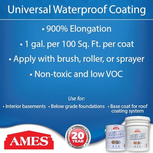 Ames Research Laboratories BMX5RG Blue MAX Waterproofer, Regular Use in Interior & Below-Grade Exterior Concrete Sealer and More. Liquid Rubber, 5 Gallon (Pack of 1), 640 Fl Oz | Ideal for waterproofing above & below grade foundations, basements, roofs,…