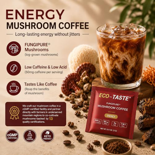 ECO-TASTE Mushroom Coffee Mix for Focus, 12 Sachets