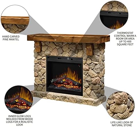 Dimplex Fieldstone Electric Fireplace with Mantel Surround Package | Pine with Natural Stone-Look, Includes 26" Electric Fireplace - #GDS28L8-904ST