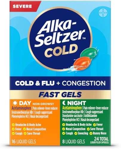 Alka-Seltzer Cold, Cold & Flu + Congestion Severe Day/Night Fast Gels, Flu + Congestion Medicine, Multi-Symptom Relief, Body Aches and Pains, Fever Reducer, 24 Count (Packaging May vary)
