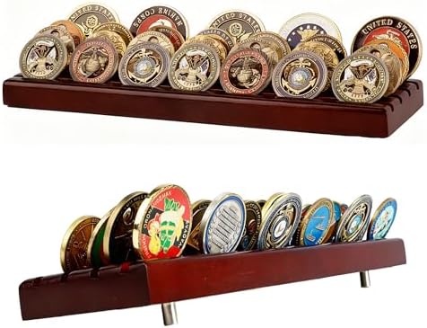 DisplayGifts Challenge Coin Display Stand 4 Row Wooden Holder Rack Case Holds 28 Coins Walnut Finish