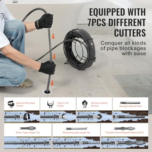VEVOR Drain Cleaning Cable 100 FT x 5/8 Inch, Professional Sectional Drain Cleaner Cable with 7 Cutters for 0.8" to 3.9" Pipes for Hollow Core Sewer Cleaner Auger Sink, Toilet