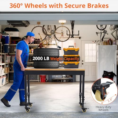 48’’x24’’ Adjustable Workbench,Workbench with Drawers,Darage Workbench with Pegboard,2000 LB Load Capacity,4 Rolling Casters, Power Outlets, Metal Frame,for Garage, Workshop, Home, Office