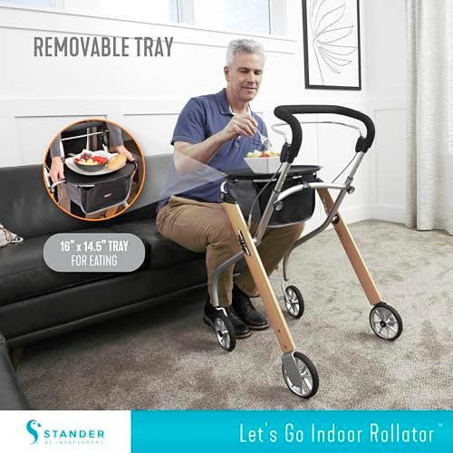 Stander Let’s Go Indoor Rollator, Lightweight Four Wheel Euro Style Walker with Tray, Folding Mobility Aid for Seniors by Trust Care, Silver