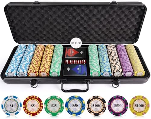 Versa Games Poker Chip Set - Casino Grade 13.5g Poker Chips, 7 Color Chip Denomination - 2 Decks of Cards, Dice