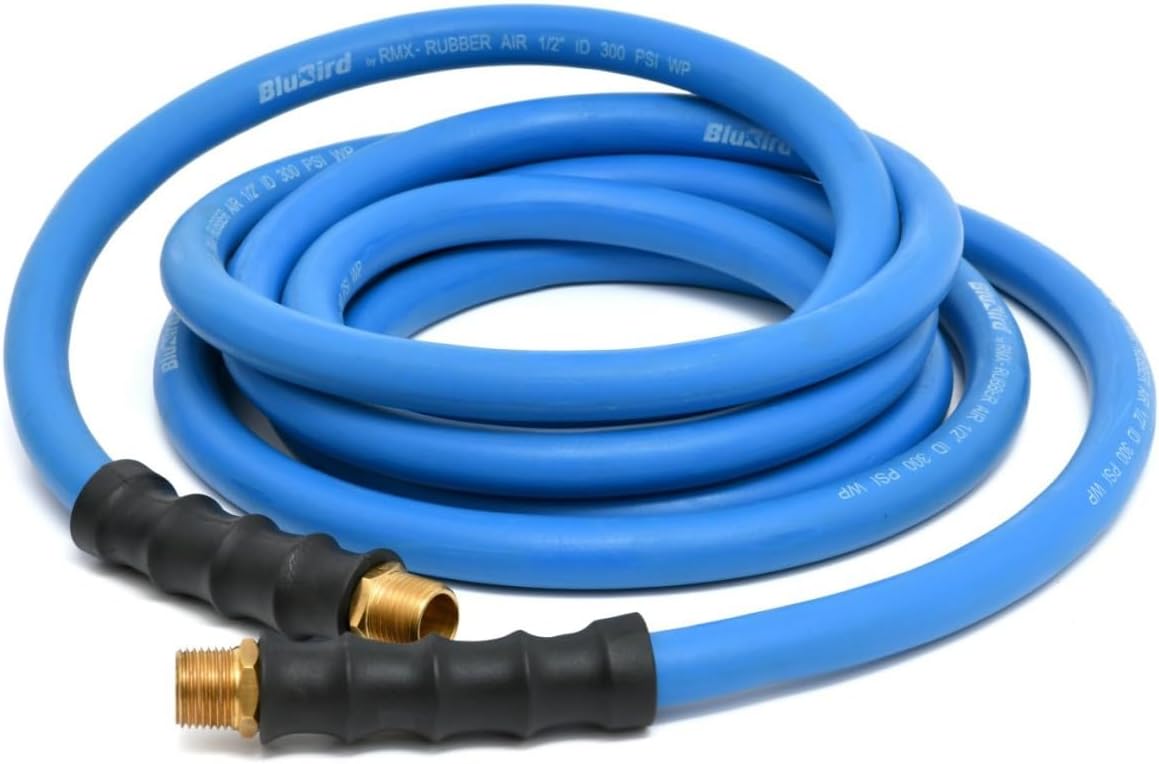 BLUBIRD BB1250 1/2" x 50' Rubber Air Hose, 100% Rubber, Lightest, Strongest, Most Flexible, 300 PSI, 50F to 190F Degrees, Ozone Resistant, High Strength Polyester Braided