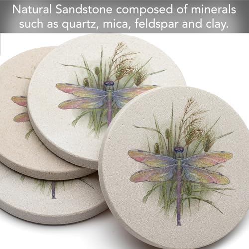 Thirstystone Dragonfly 4 Pack Round Natural Sandstone Coasters | Protective Cork Backing, Manufactured in the USA