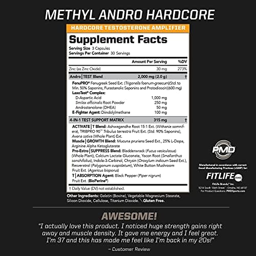PMD Methyl Andro Hardcore Testosterone Support - 90 Capsules | DHEA and FenuPro, Lean Muscle and Strength Gains Support