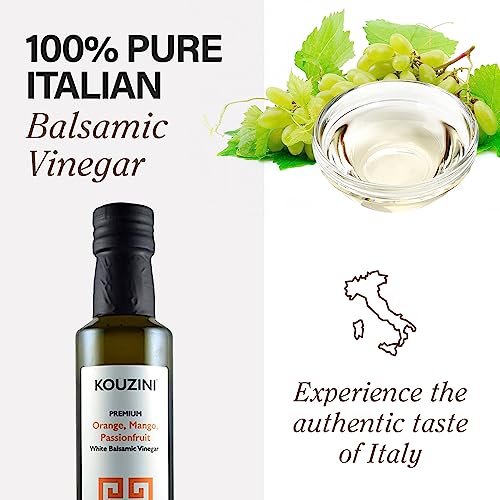 Kouzini Ultra-Premium Peach White Balsamic Vinegar, Aged, No Added Sugars or Preservatives, Ideal for Salads, Meats, Fish, Pizza, & Bread Dipping, Luxurious Balsamic Vinegar of Modena, 250ml