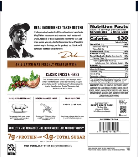 Duke's Pork Original Smoked Shorty Sausages, 7g Protein Per Serving, 4 oz. (Pack of 8)