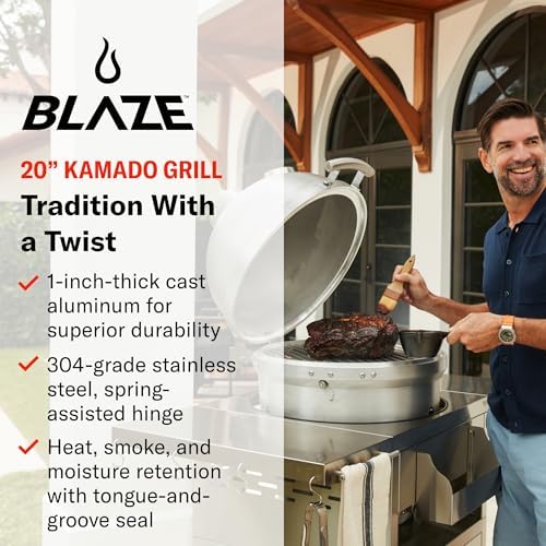 Blaze 20‑Inch Cast Aluminum Kamado Grill | Heavy-Duty 1″ Cast Aluminum Body | 20″ Hex Stainless Grates | Tongue‑and‑Groove Seal