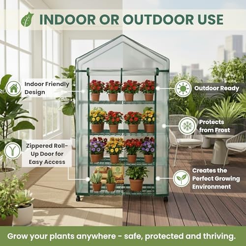 4 Tier Mini Greenhouse - Portable Greenhouse with Locking Wheels and PVC Cover for Indoor or Outdoor Green House by Pure Garden