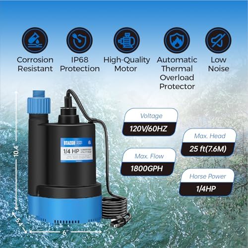 1/4 HP Submersible Water Pump 1800GPH Small Sump Pump Thermoplastic Electric Portable Transfer Utility Pump Clean for Swimming Pool Basement Garden