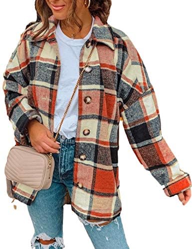 Yeokou Women's Plaid Flannel Shacket Oversized Button Down Long Sleeve Shirt Jacket Casual Spring Fall Outfits