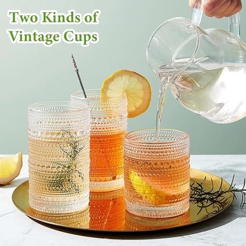 Hlukana Vintage Hobnail Drinking Glasses Set of 8, 12 oz Highball Glasses & 10 oz Cocktail Glasses Set, Kitchen Water Glasses Cup
