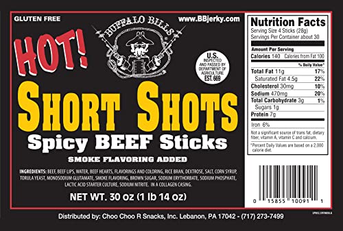 Buffalo Bills Original Short Shots Snack Beef Sticks, 3.5"Sticks/30 Oz Bag | Gluten Free, Ideal For Road Trips, Officesnacks, Hiking, High Protein Snack, Made In The USA, 100% Us-Raised Beef, 120 Sticks