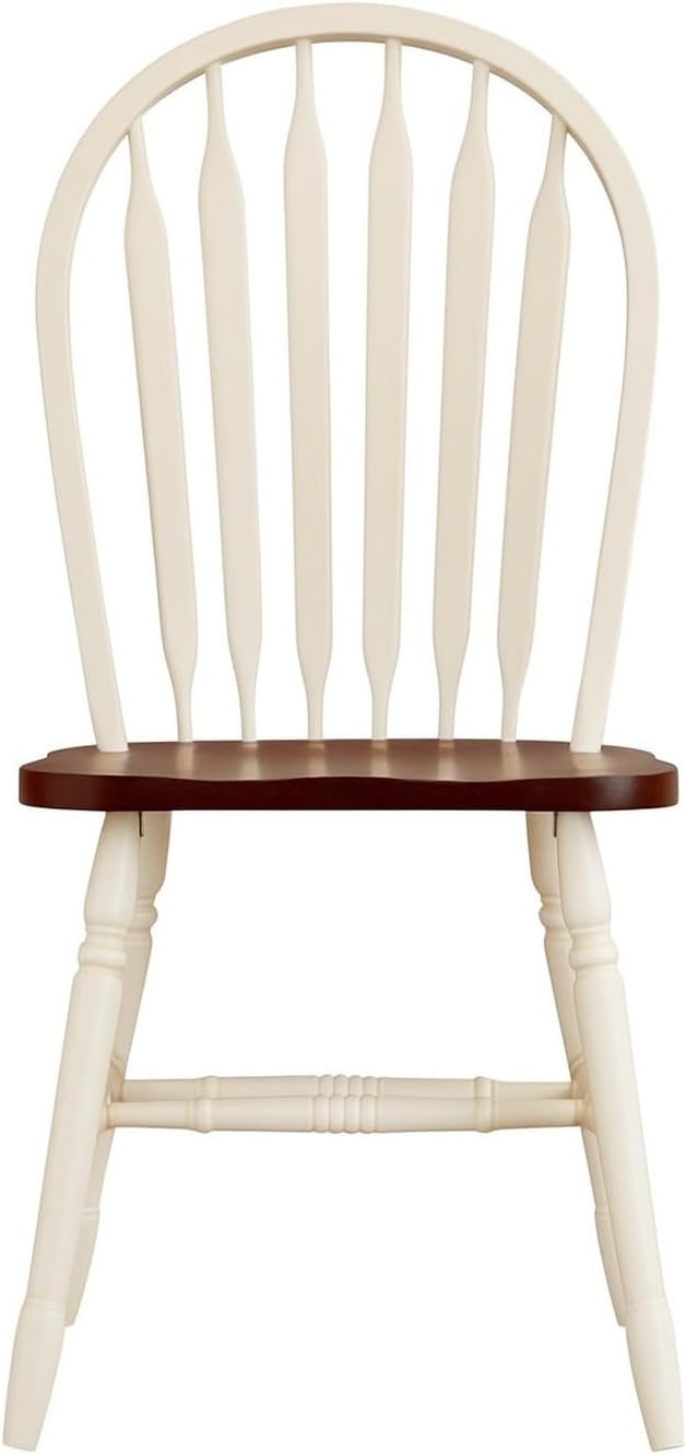 Sunset Trading Andrews Windsor Arrowback Dining Side Chair | Two Tone Antique White Chestnut Brown Solid Wood | Set of 2 Fully Assembled Sidechairs
