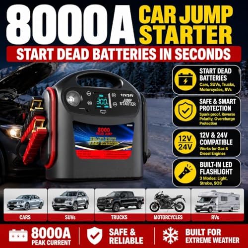 8000A Car Battery Jump Starter, Heavy Duty Jump Box for Gas & Diesel Vehicles, 12V/24V Portable Power Pack with LED Light for Trucks, SUVs